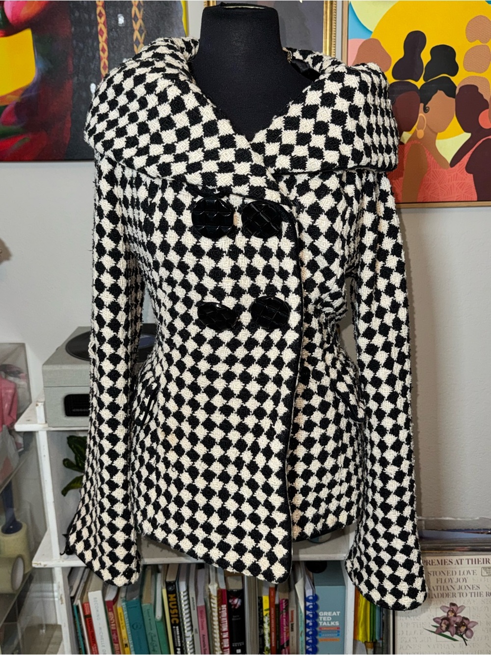 Betsey Johnson Black & White Checked Pea Coat with Wide Collar